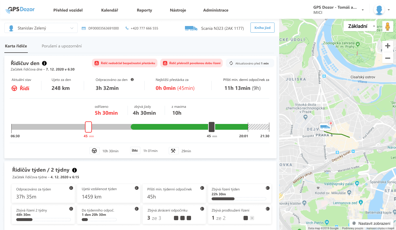 Detail řidiče a přehled o řízení