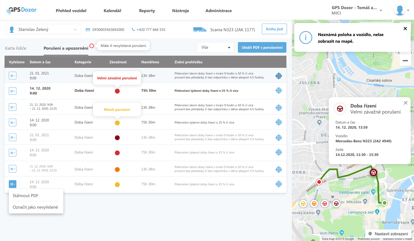 Vyhodnocení porušení řidiče